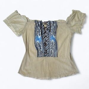 Y2K Haley Bob Cream Beige Mesh Off Shoulder Top with Blue Floral Lace Up Front